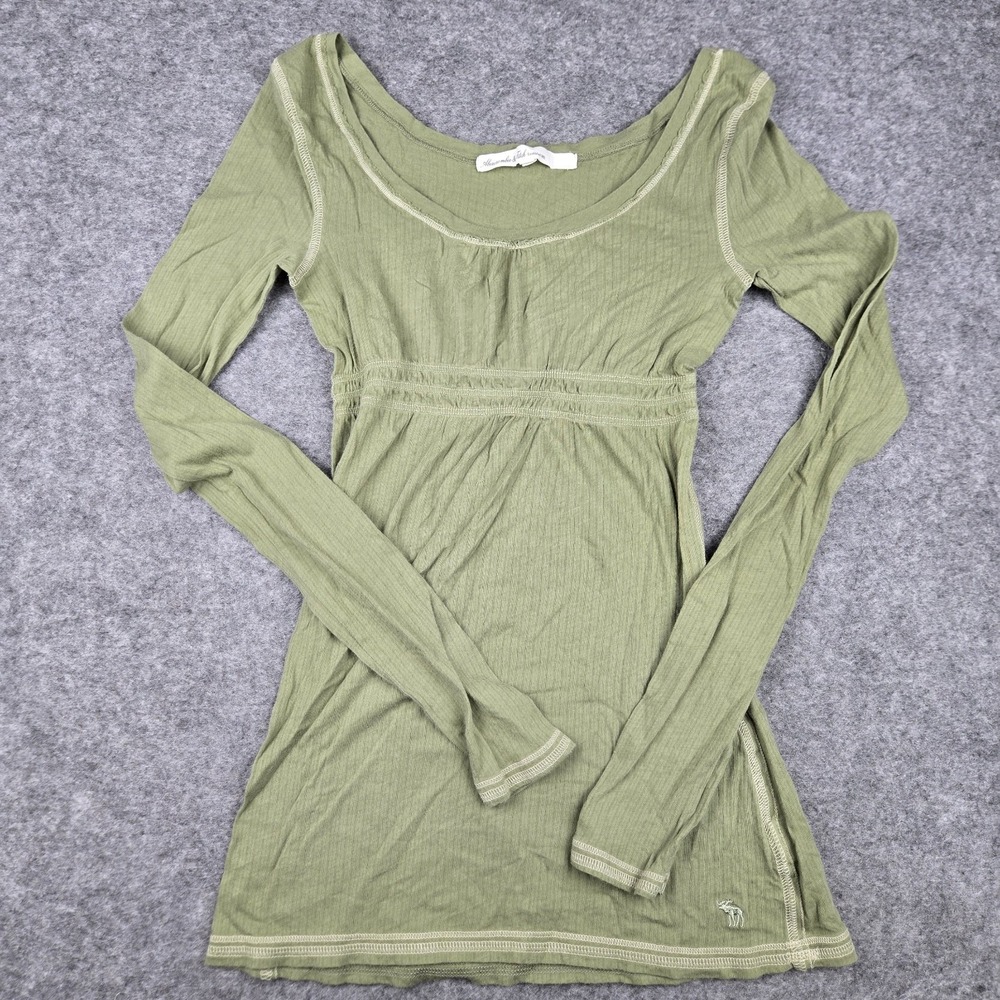 Vintage Abercrombie & Fitch Babydoll Top Long Sleeve Olive Green Scoop Neck Y2K